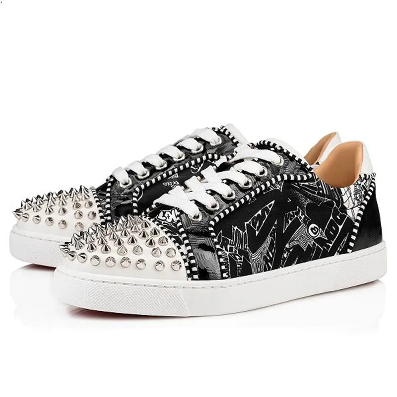 

2019-20 Black And White Graffiti Men's Casual Shoes Spikes Rivets Luxury Designers Flats Shoes Male Street Dance Shoes