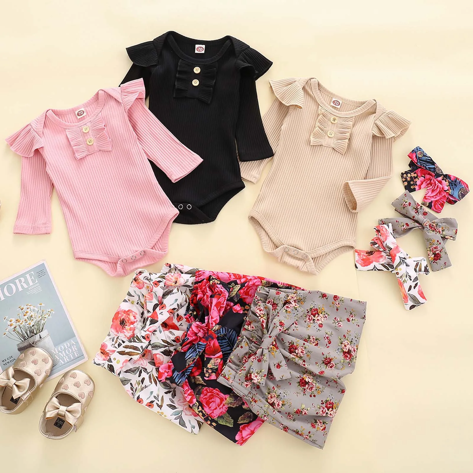 Newborn Baby Girls Outfit Set French Rib Cotton Long-sleeved Romper Trousers Floral Pants Headwear Baby Suit Infant Clothing 5