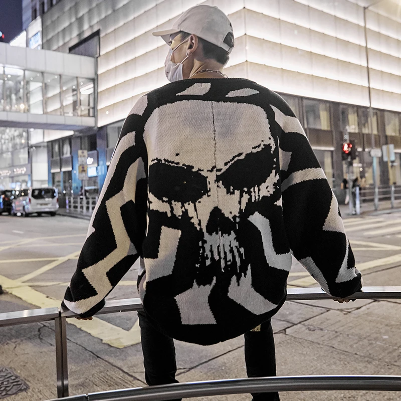 Batwing Sleeve Knitted Sweater Skull Pattern Hip Hop Sweater Round Neck Fall Loose Pullover