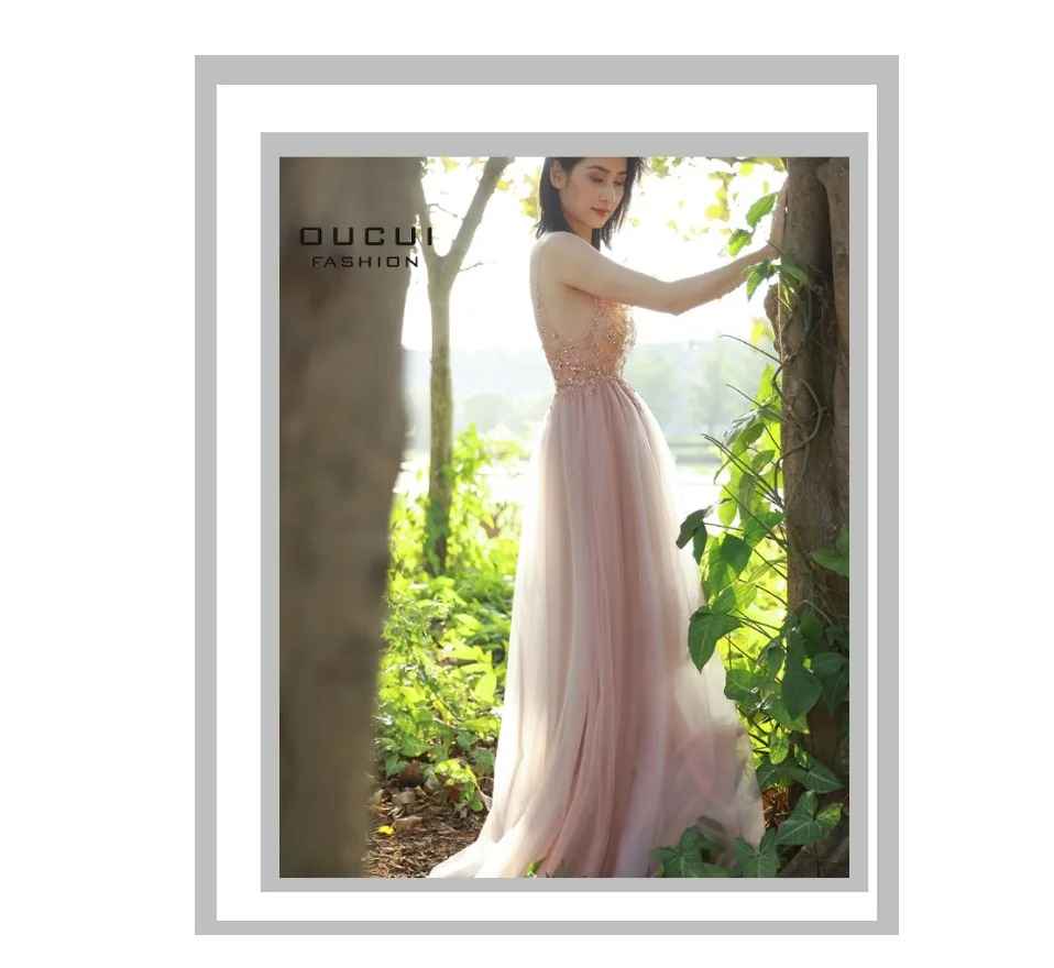 Oucui Dusky Pink Handmade Beaded Prom Dresses 2020 Long Spaghetti Strap See Through Grey Tulle Evening Gown Vestido De Festa