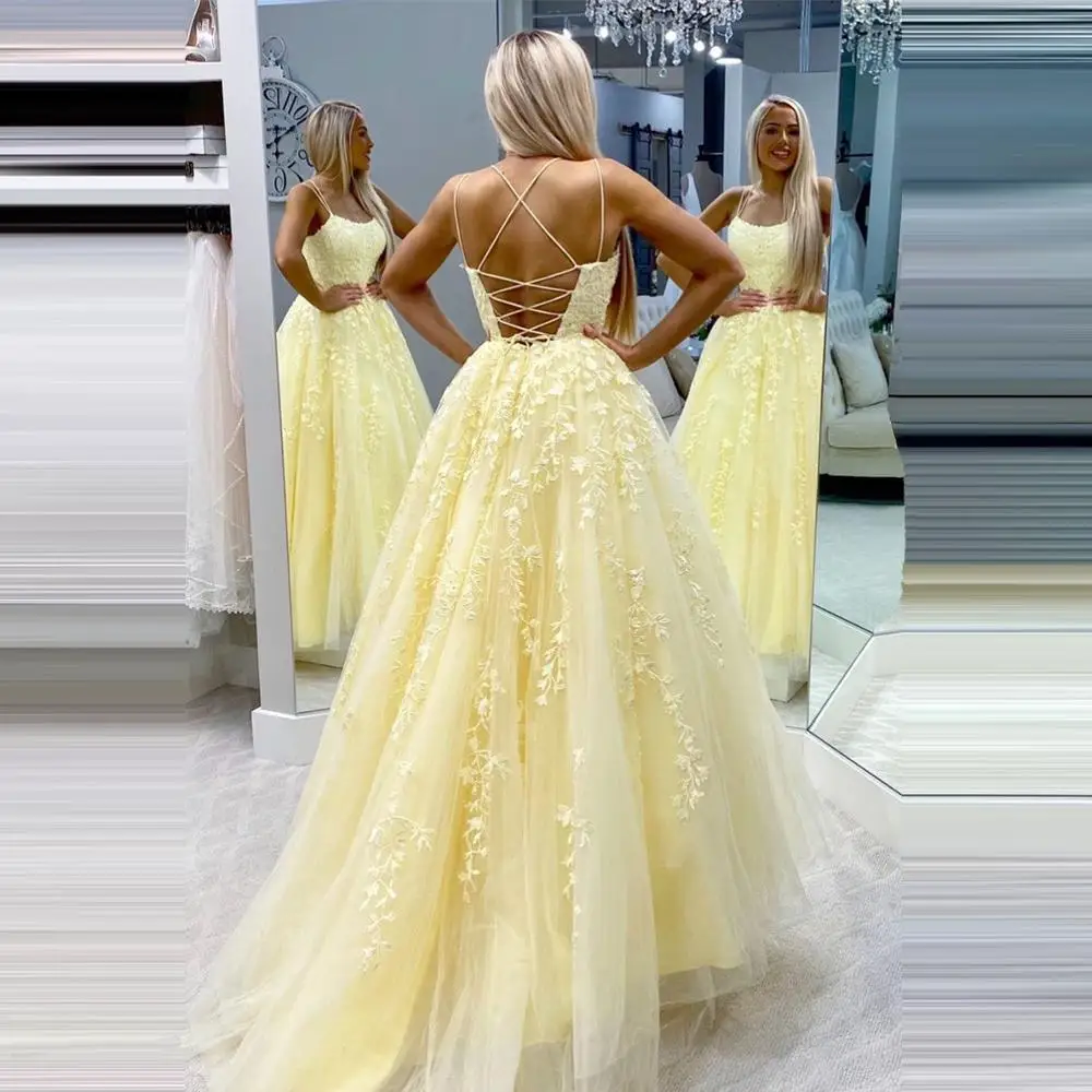 Платья Quinceanera желтого цвета с кружевной аппликацией на тонких бретельках с перекрещивающимися на спине трапециевидными кружевами 16 Платья для особых дней vestido quinceavienera - Цвет: Цвет: желтый