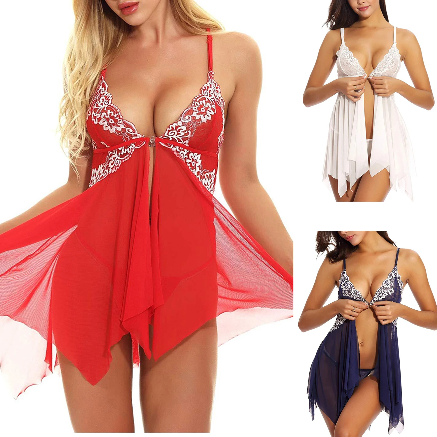 Babydoll 란제리 여성용 허니문 V 넥 Chemise 섹시한 이국적인 오픈 프론트 네글 리지파자마 세트 AliExpress