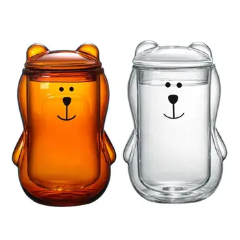 

New Heat Resistant Glass Coffee Cup Heat Insulated Double Glass Coffee Cup With Lid For Tea Bear Beverage Handle Mugs Drinking