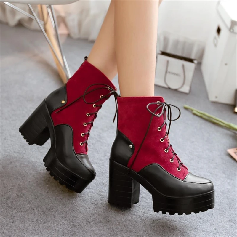 

ENPLEI Pu Martin Boots Thick High Heel Ankle Bootie Lace Up Platform Winter Fashion Square High Heel Women Shoes Size 34-43