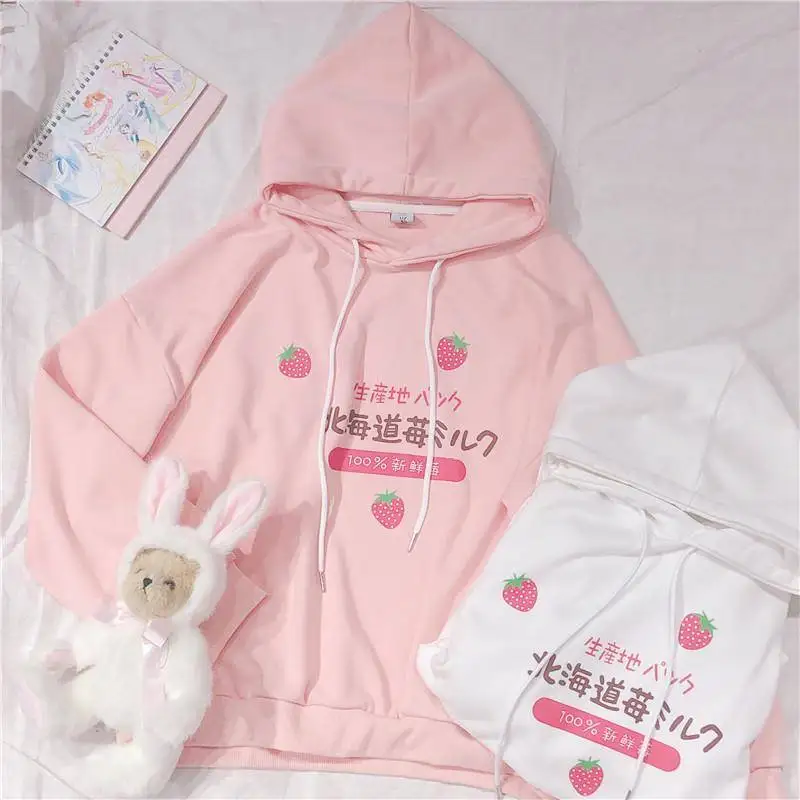  Harajuku Kawaii Strawberry Milk Graphic Sweatshirt Hoodie Women Streetwear Winter Plus Size Women L