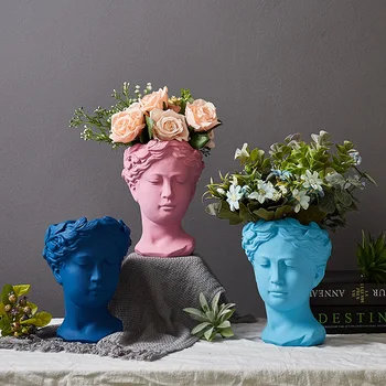 

Home Yard Planter Creative Portrait Retro Head Gypsum Cement Vase Ornament Flower Pot Greek Goddess Statue Decoration X2518