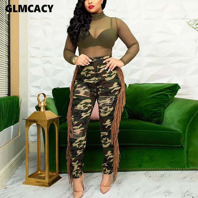 

Women Camouflage Printed Tassel Design Ripped Distressed Skinny Pants Casual Slim Fit Plus Size Oversize Trousers