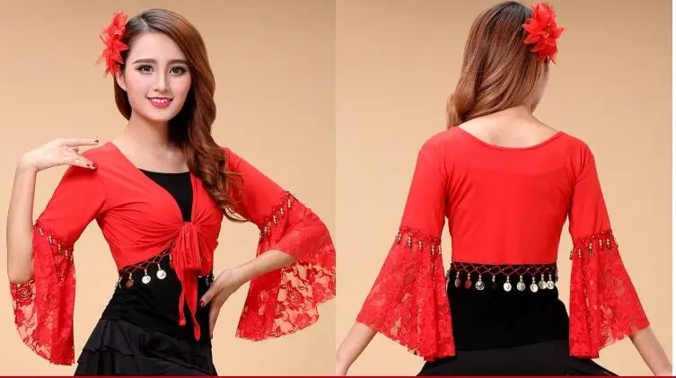belly dance top women deep v-neck flare sleeve top girls belly dance sexy lace top