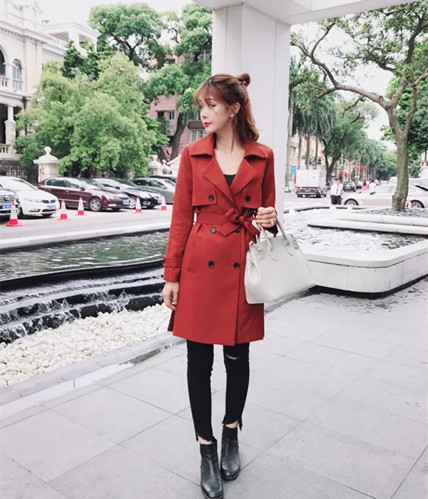 

2017 Autumn And Winter New Style Korean-style Mid-length Slim Fit Slimming Bandage Cloth Caramel Color Fashion Trench Coat WOMEN