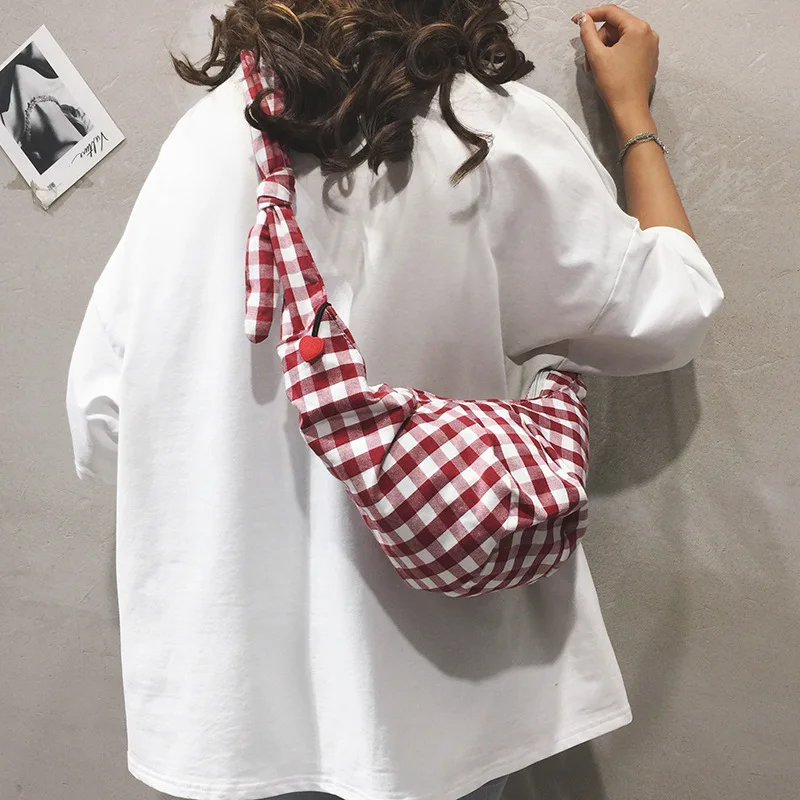 

Female portable 2019 new minimalist bucket bag Plaid canvas Joker shoulder bag slung