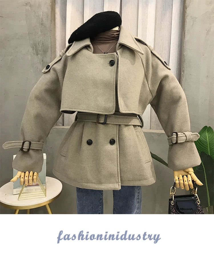 Autumn Winter New Woolen Coat Women's Loose Waistband Tweed Jacket Ladies Wool Blend Overcoat Outwear Student Windbreaker