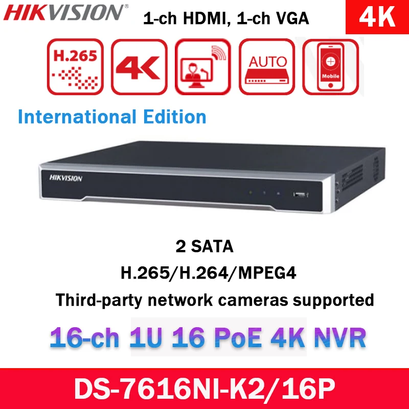 Hikvision Hikvision Original 16CH DS-7616NI-K2/16P 16PoE 2SATA NVR Security Video Recorder 