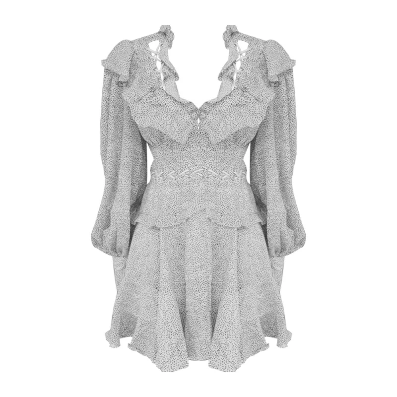 TWOTWINSTYLE Vintage Ruffles Dress Women V Neck Lantern Sleeve Hollow Out High Waist Tunic Mini Dresses Female Summer Tide