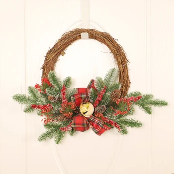 

Christmas Wreath Artificial Plant Rattan Circle Bowknot Pine Cone Bell Garland Door Xmas Garland Holiday Hanging For Home Decor