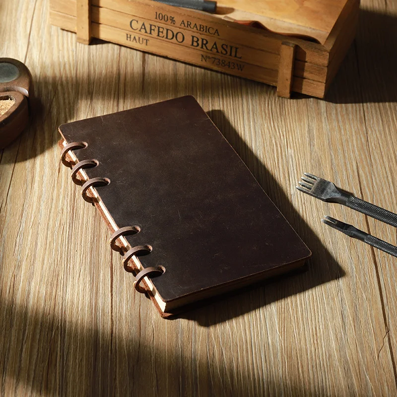 

A6 Handmade Cowhide Notepad Genuine Leather Loose-leaf Notebook Crazy Horsehide Vintage Travel Journals Diary