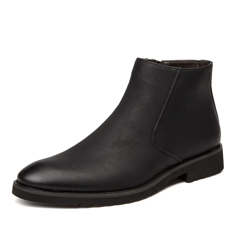 Men Leather Boots Spring Fashion Convenient Zip Pointed Toe Business Dress Black Brown Ankle