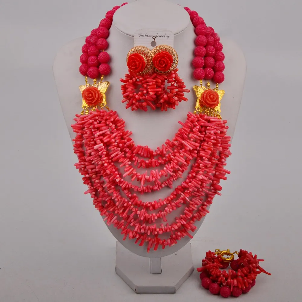 

Nigerian Wedding Coral Beads Jewelry Set Costume Necklace African Jewelry Set Bridal Set