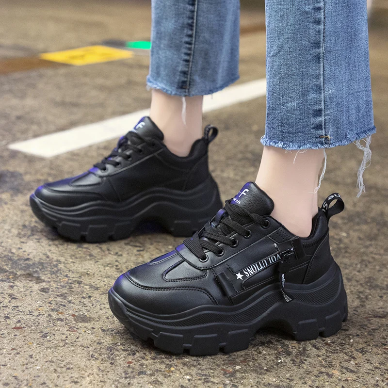 

Black Leather Shoes Woman Fashion Lace Up Chunky Platform Sneakers Women Thick High Heels Waterproof Vulcanize Shoes Lady