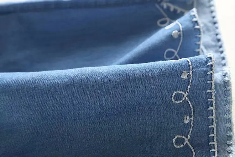 embroidery women denim set blouse loose o neck soft elastic waist jeans shorts beach set lace up  blue summer two piece set matching workout sets