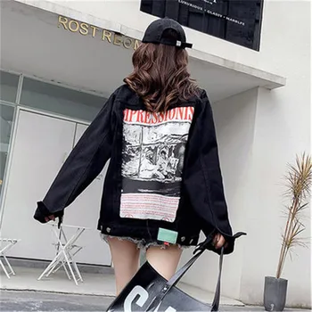 

Autumn Korean Patch Print Frayed Harajuku Black Jeans jacket Women Plus size Casual Denim coat Kurtka jeansowa damska Streetwear