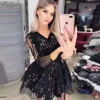 

Ailigou Fashion Sequin Lace V-neck Long Sleeve Mini Dress Vestidos 2020 Summer Designer Women's Sexy Black Party Dress