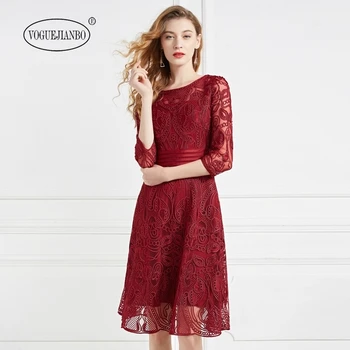

2020 spring new women's clothing cropped sleeves round neck waist heavy embroidery dress elegant casual blusa feminina sukienka