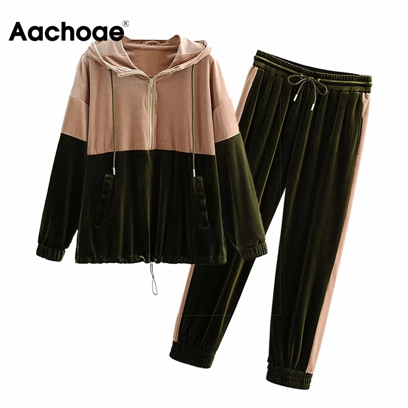 Aachoae Velvet Tracksuit 2 Piece Set Women Patchwork Sport Long Sleeve Hooded Hoodies Set Casual Drawstring Long Pants Outfits Aachoae Velvet Tracksuit 2 Piece Set Women Patchwork Sport Long Sleeve Hooded Hoodies Set Casual Drawstring Long Pants Outfits
