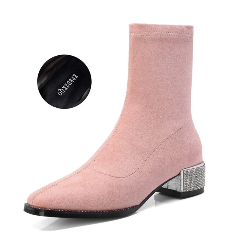 high quality pink elegant block black women ankle boots medium heel shoes diamond square toe winter fall short chunky rhinestone