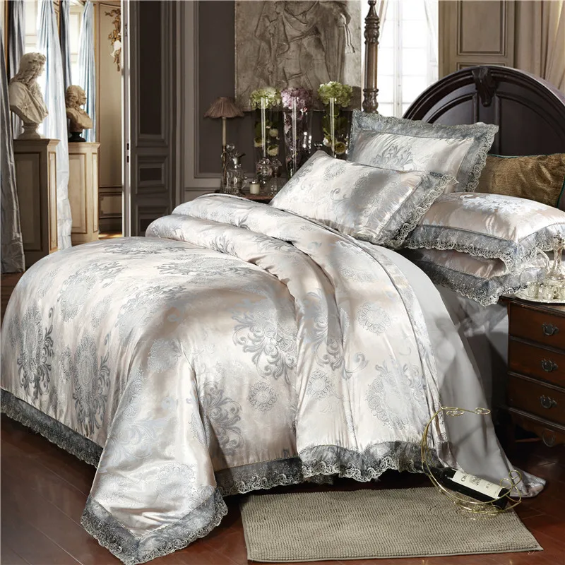 Home textile silver bedding set Jacquard Lace duvet cover set 4pcs bed linen European bed cover luxury golden flat sheet scallop Home textile silver bedding set Jacquard Lace duvet cover set 4pcs bed linen European bed cover luxury golden flat sheet scallop