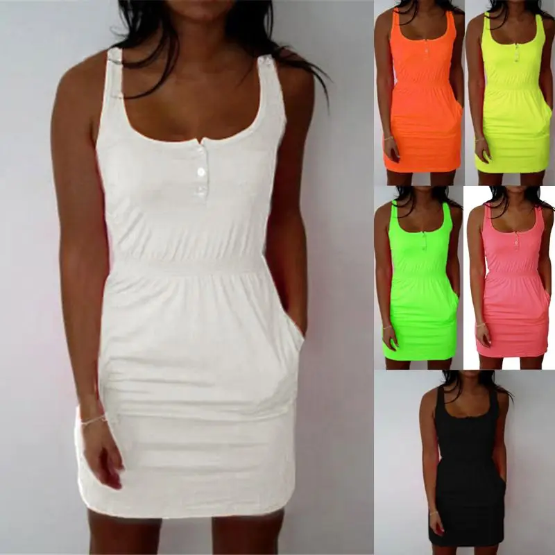 

Women Summer Sleeveless Mini Beach Dress Club Wear Knee Length Bodycon Plus Size