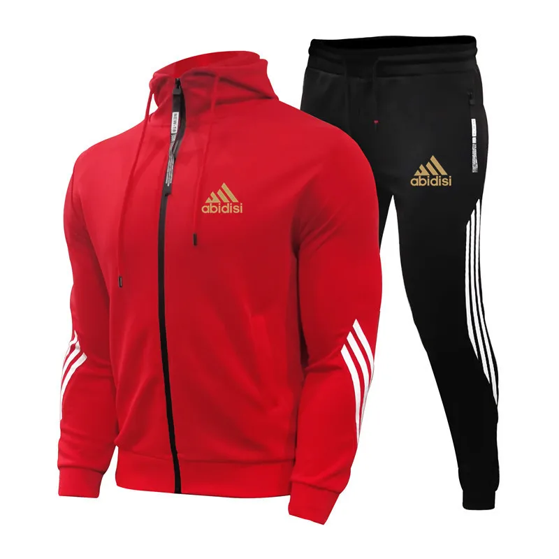 Conjuntos de ropa deportiva de dos piezas a rayas para hombre, con capucha, para deportes al aire libre, chándal, primavera y otoño, 2021