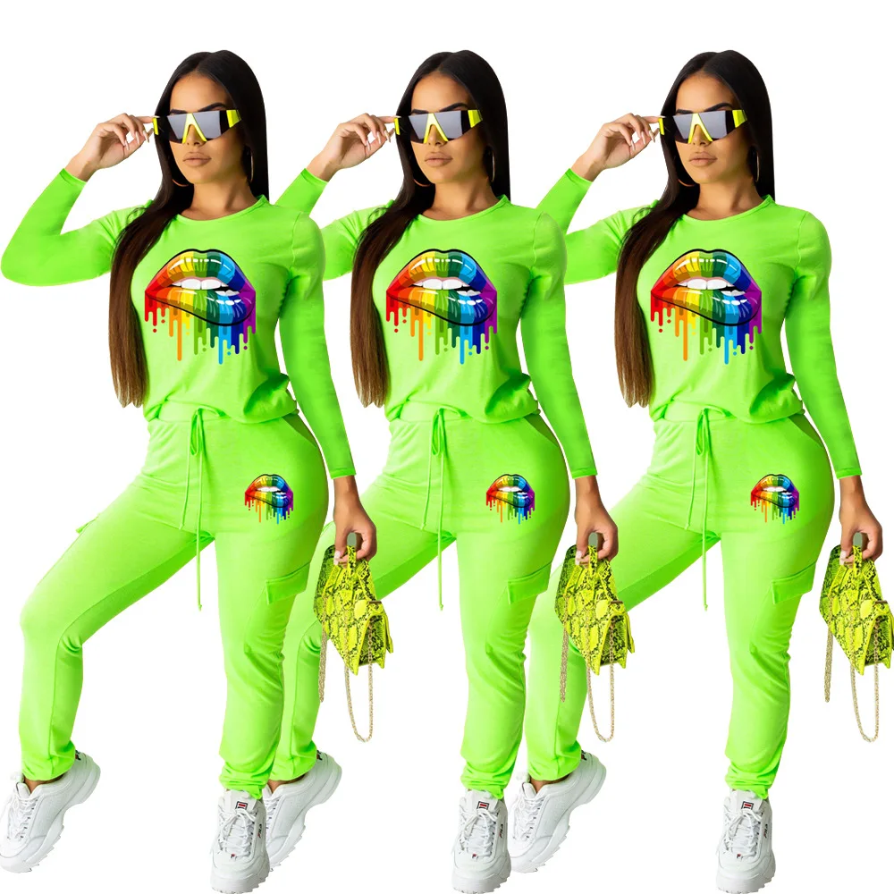 

2019 European and American autumn and winter fashion new long-sleeved sexy lips offset round neck casual pants two-piece