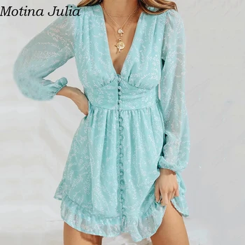 

Motina Julia Sexy button print ruffle dress women Autumn short chiffon elegant dress female Casual cool beach dress vestidos