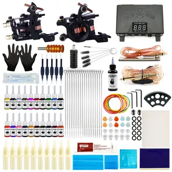 

Complete Tattoo Kit 2 Machines Gun Set Power Supply Grips Body Art Tools Set Permanent Makeup Tattoo set 20 Colors Pigment Inks