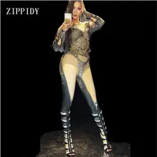 Модный черный комбинезон телесного цвета, Женские легинсы со стразами, Цельный боди, костюм для ночного клуба, вечерние, сценическая одежда