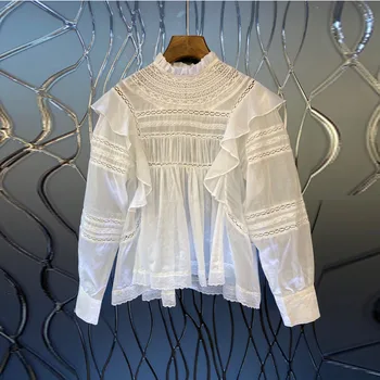 

Women Lace Patchwork Ruffles Trim Blouse 2020 Early Autumn Long Sleeve Hollow Out Sweet Shirt Female Blouses and Tops
