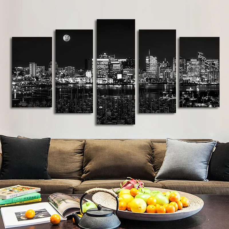 Modern Poster 5 Pieces Black And White City Night View Canvas Painting Wall Art Pictures For Living Room Home Cuadros Decoration | Дом и сад