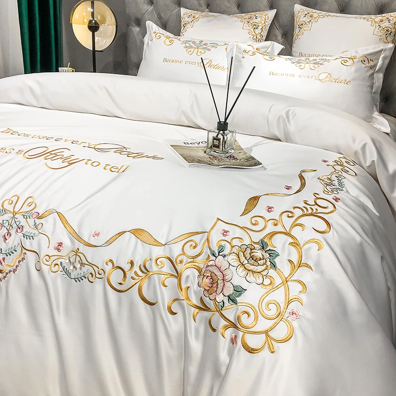 Glossy Soft Satin Silk Cotton Gold Embroidery Bedding Set Double Duvet Cover Set Bed Linen Fitted Sheet Pillowcase Home Textile