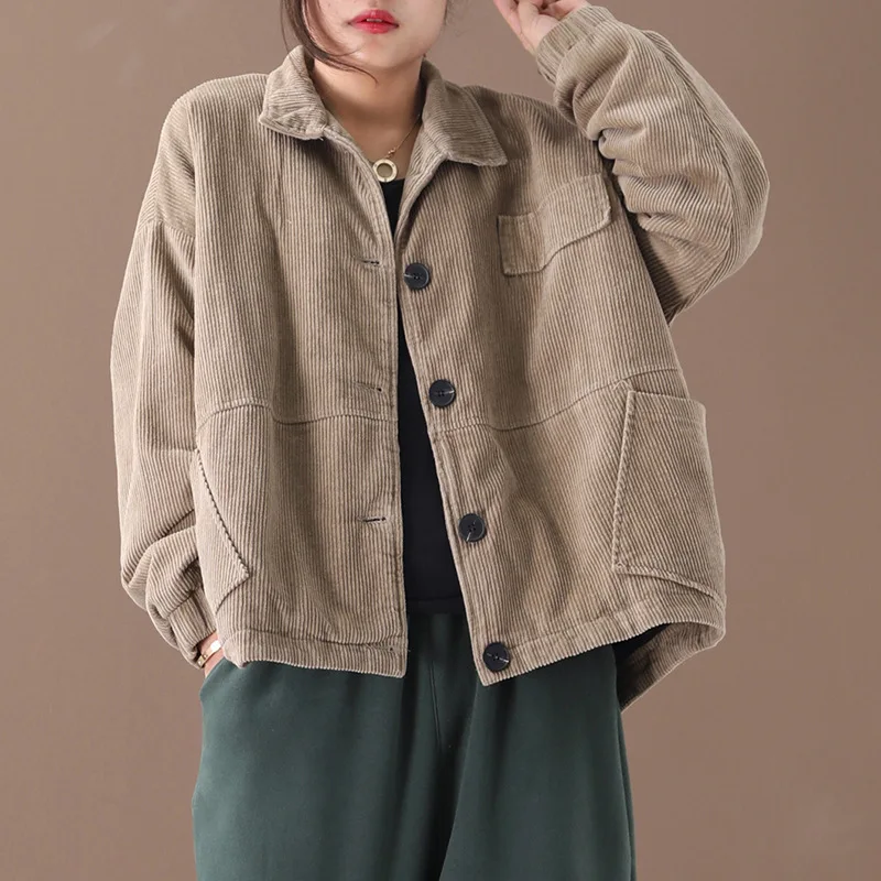 Вельветовое осенне-зимнее Новое свободное толстое стеганое вельветовое хлопковое пальто большого размера короткая женская куртка