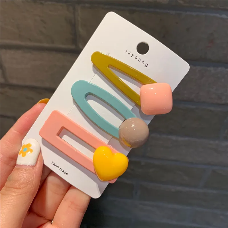 Mix color B M MISM New 3pcs/Set Girls Resin Hair Clips Candy Color Geometric Hairpins Barrettes Hair Ornament Children Hair Accessories - Color: Mix color B