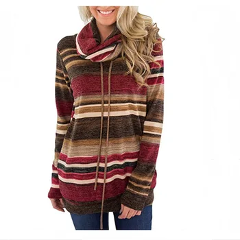 

European and American fashion 2019 autumn and winter new long striped pocket long sleeve pullover hoodies sweatshirt women