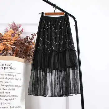 

Lace Stitching Tulle Skirt Women Elastic Waist Maxi Summer Skirt Jupe Femme Black White Party Mesh Pleated Skirts Womens C6201
