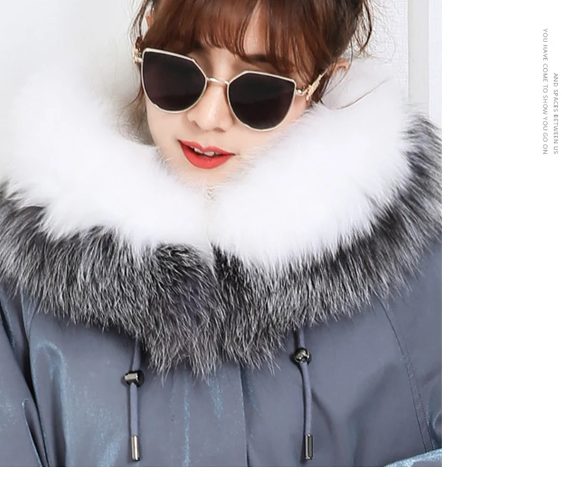 Fur Parkas Highstreet Real Fox Fur Hooded Drawstring Waist Rabbit Fur Lining Long Coat Women Winter Office Lady Workwear Outwear