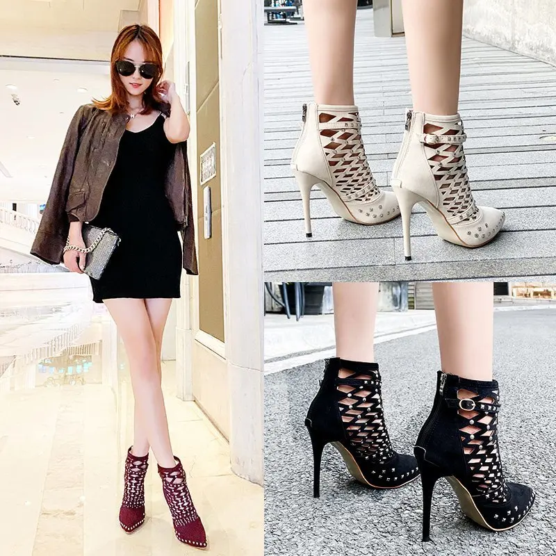 2021 Gladiator Sandals Summer Spring Pointed Toe Rivets Studded Cut Out Caged Ankle Boots Stiletto Heel Women Shoes | Обувь