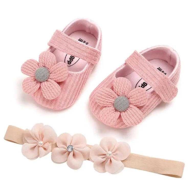 Повязка на голову; комплект из хлопковой обуви с цветочным принтом на мягкой подошве для новорожденных; обувь на крестины для маленьких девочек; обувь для крещения; Fille; милая обувь цвета слоновой кости для первых шагов - Цвет: C21