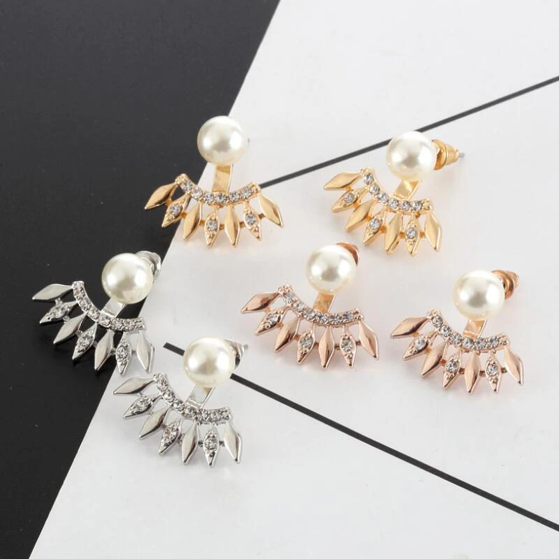 Jisensp Delicate Geometric Mental Ear Jackets Fashion Jewelry for Women Unique Design Pearl Curve Stud Earrings Party Gift