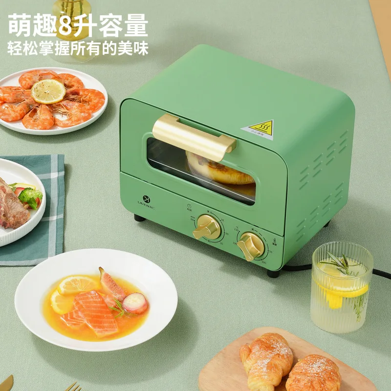 Green 220V 8L 600w Baking electric toaster oven 60min timing 2heating tube Stainless steel Thermostat 262x240x207mm