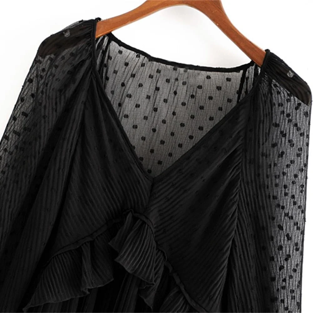 Online Principios de otoño 2019 nueva blusa de gasa de cuello en V de manga con borde de hoja de loto de retales europea y americana