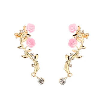 

1 Pair Elegant Flower Shape Crystal Earrings for Women Rhinestone Left Ear Cuff Clip Gold Color Earring Ear Stud Jewelry