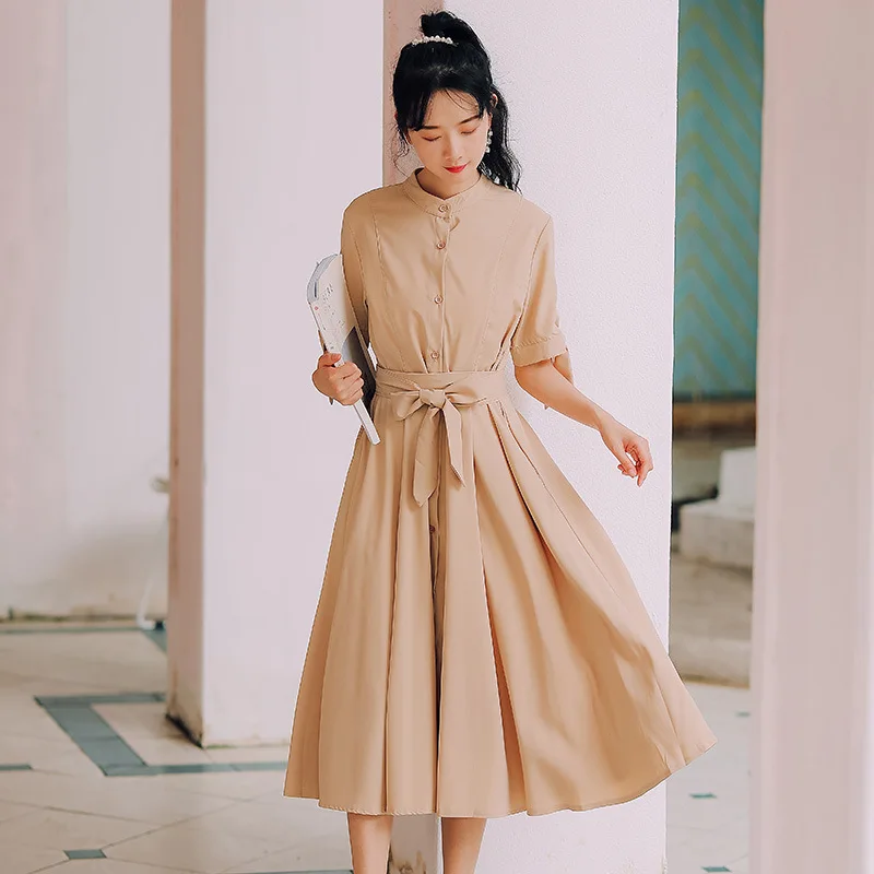 

2020 Spring And Summer Versatile French Retro Bow Girdle Solid Color Short Sleeve Waist Hugging Dress Europe And America Medium-
